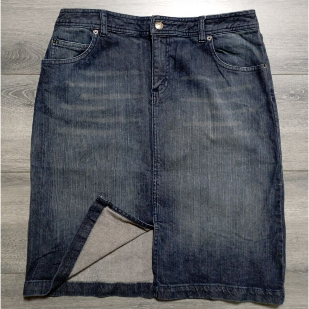 St. Johns Bay Skirt Womens 12 Denim Blue Front Slit Knee Length Straight Stretch